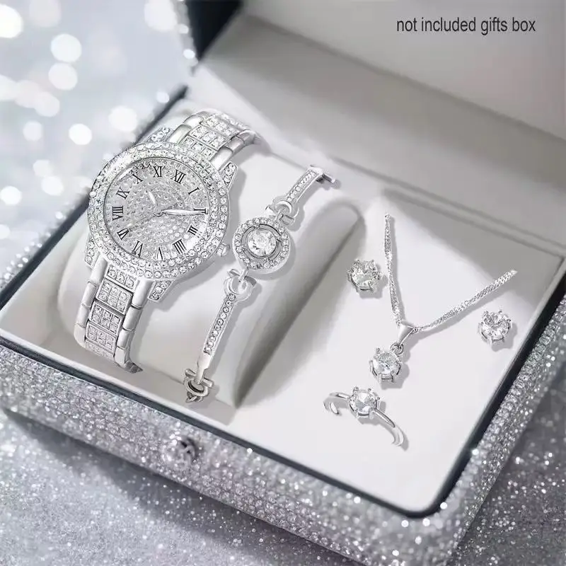 

Ladies' Watch Set with Steel Belt and Full Diamond, High Grade Quartz Watch with Temperament, Business and Leisure Watch