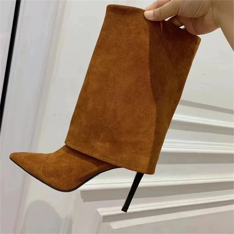 

Winter New Frosted Women's Mid Calf Boots Fashion Show Pointed Toe Thin Heels Big Size Female Ankle Boots Ladies Warmest Boots