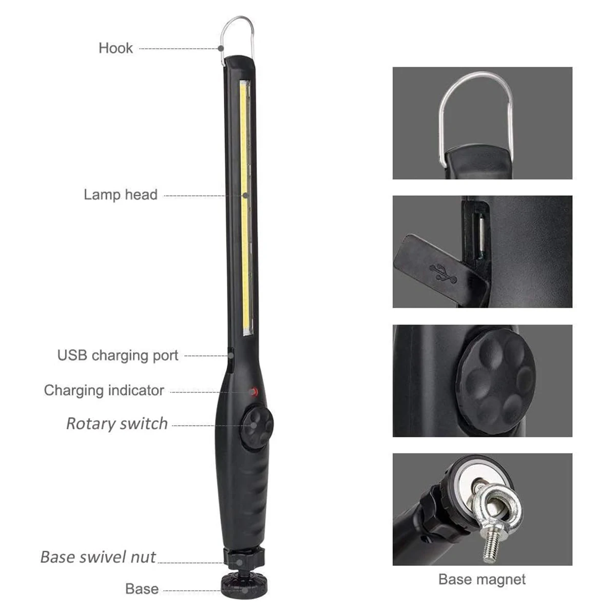 Led Waterproof Work Light Power Flashlight With Magnet Rechargeable Portable Camping 360°Rotation Base Bright Work Light Usb New
