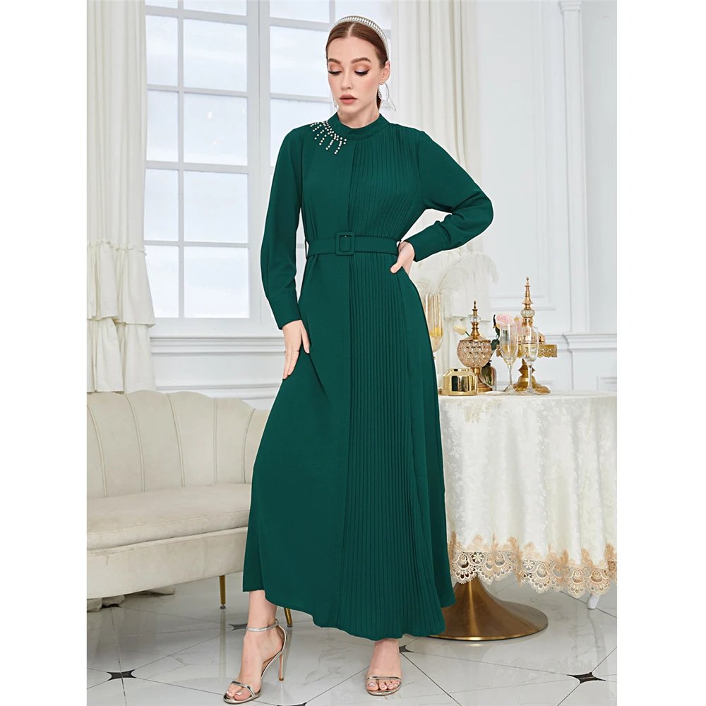 

Elegant Abaya Women Muslim Beading Long Sleeve Maxi Dress Eid Ramadan Kaftan Dubai Islamic Evening Party Robe Belt Gown Vestidos