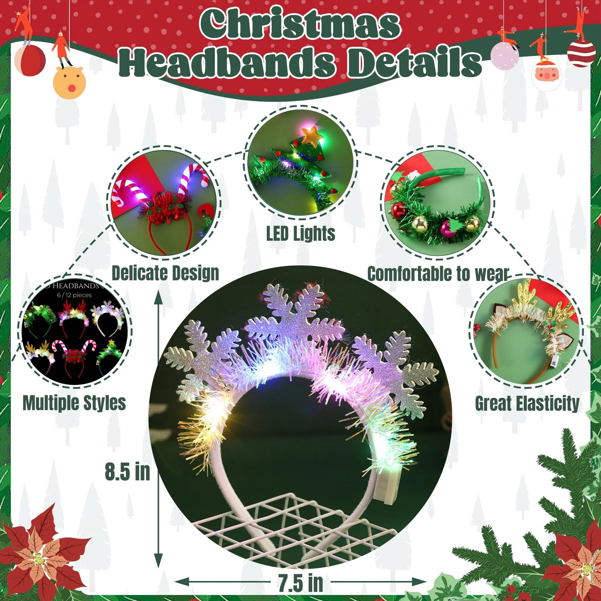 6/12 Pcs Light Up Christmas Headband LED Lights Christmas Headwears Headpieces for Christmas Party Supplies Favors