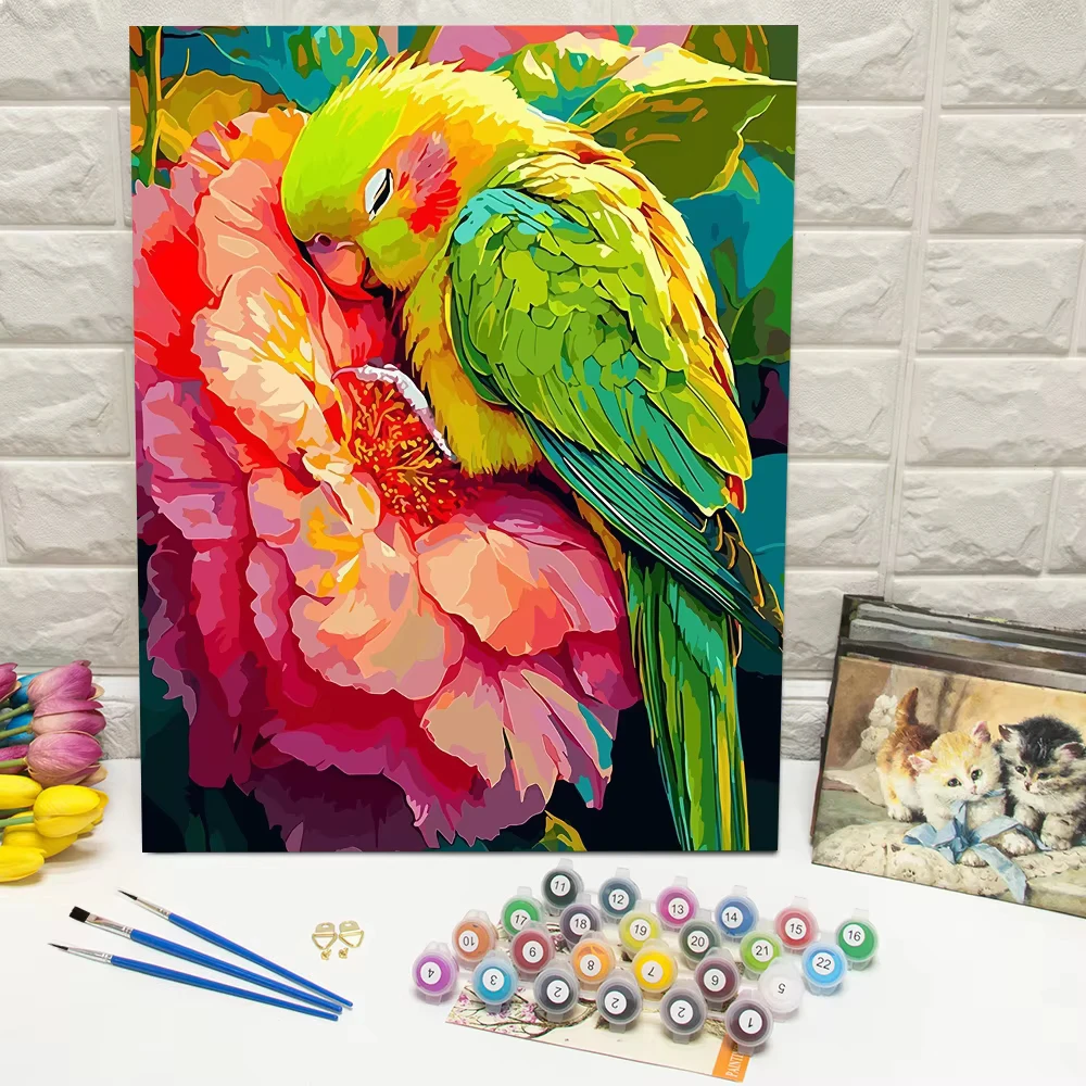 Art Craft Earth Day - ชุดภาพวาดสีน้ำมันดิจิทัล DIY ลายสัตว์นกแก้ว วาดตามตัวเลข ศิลปะดอกไม้และงานฝีมือ ชุดอุปกรณ์วาดภาพระบายสีด้วยมือ