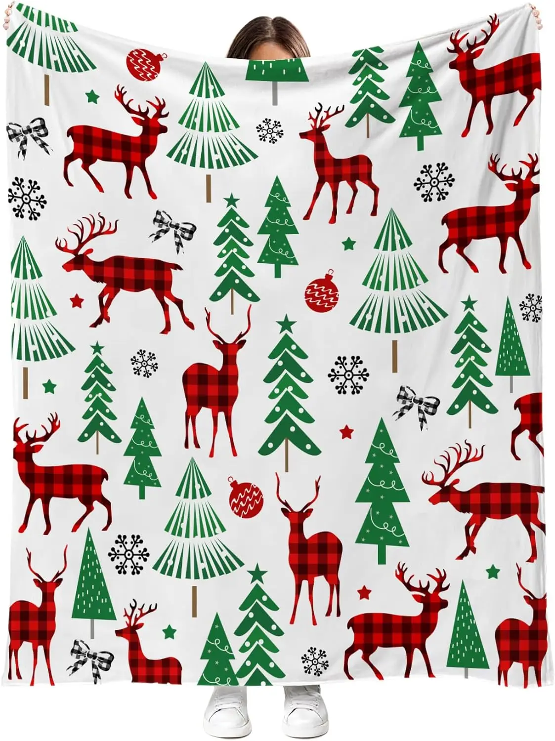 Merry Christmas Tree Throw Blanket Red Plaid Deer Throw Soft Flannel Blankets Cozy Fuzzy Plush Xmas Winter Holiday Throw Blanket