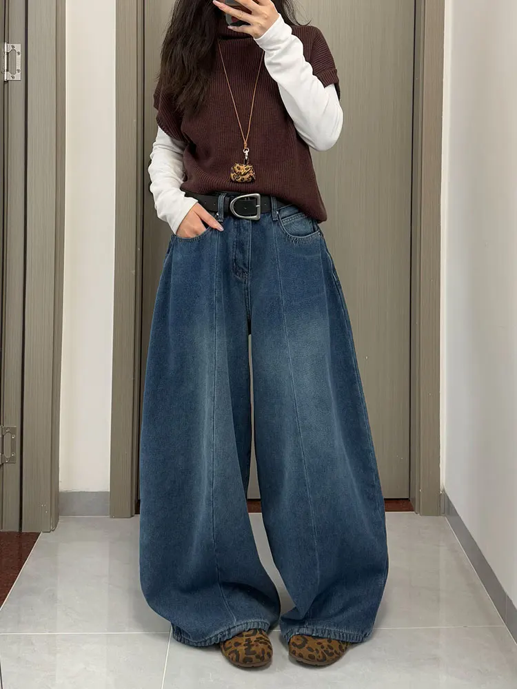 

Thiened Fce Широкие джинсы с воздушным шаром Женские зимние джинсы с высокой талией Свободные прямые длинные брюки Винтаж Гонконг Sle