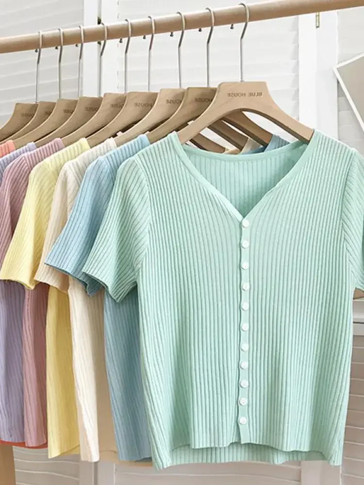 

Thin Cardigan for Women Summer Cropped Cardigan Button V Neck Short Sleeve Knitted Top Slim Sweater Tops Women's Knitwear 2025