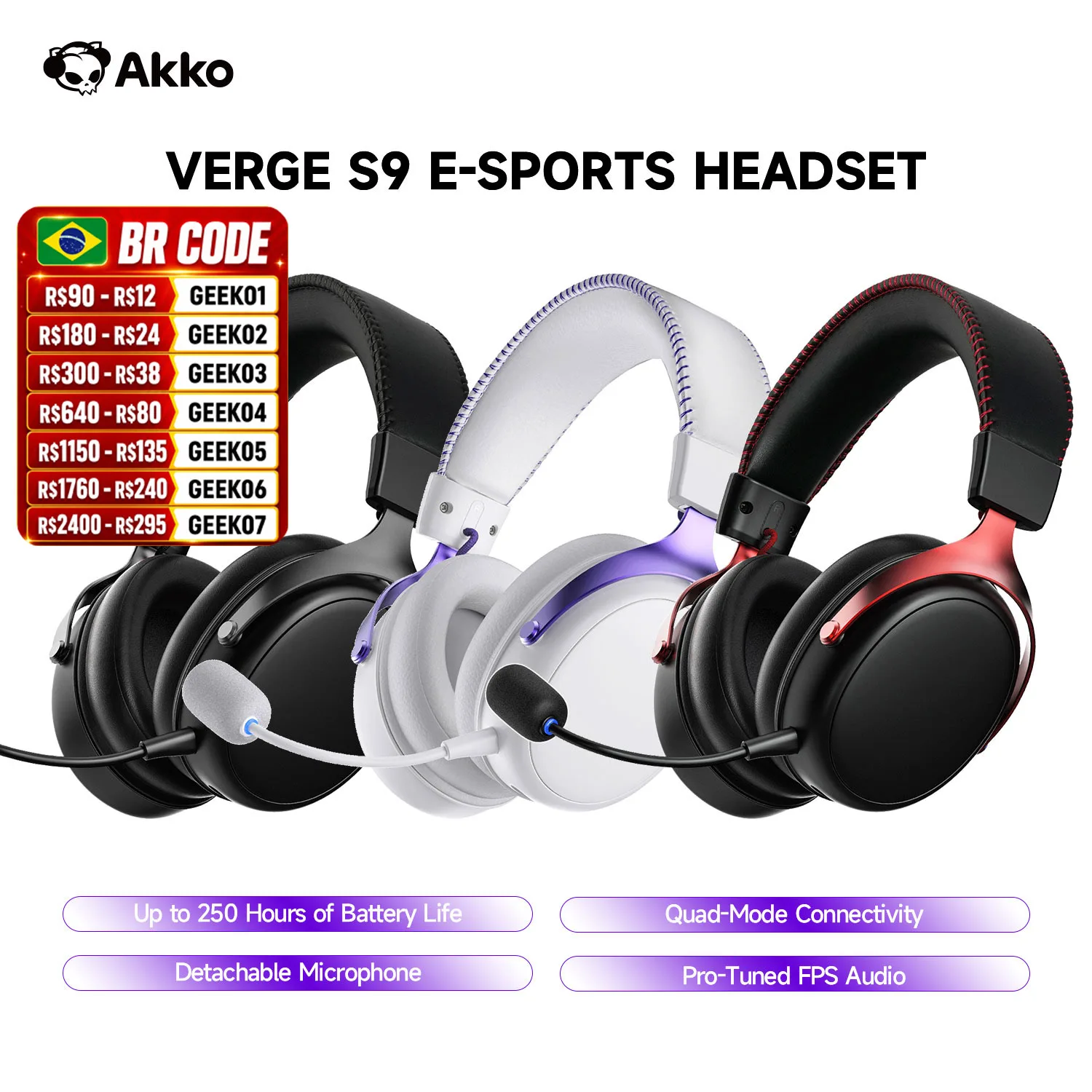 Auriculares para eSports AKKO Verge S9 con Micrófono, Auriculares para Juegos de Cuatro Modos, Sonido Envolvente de 7.1 Canales, Audio FPS con Ajuste Profesional, Controlador de 53 mm