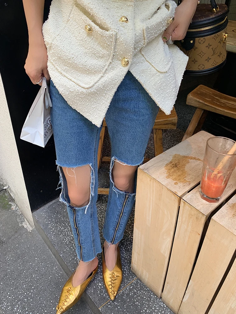 

High Waist Ripped Denim Jeans Women's Ele Design Early Autumn Straight Leg Long Pants Casual Faion Light Blue Color