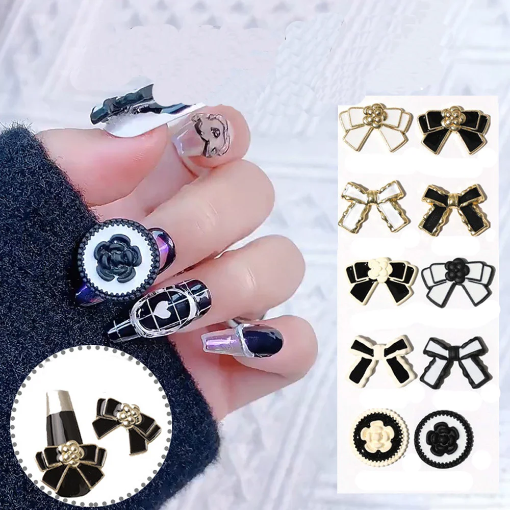 10pcs Black White Bowknot Nail Art Charms 3D French Luxurious Metal Alloy Bows With Flower Nail Rhinestone DIY Nail Accessories