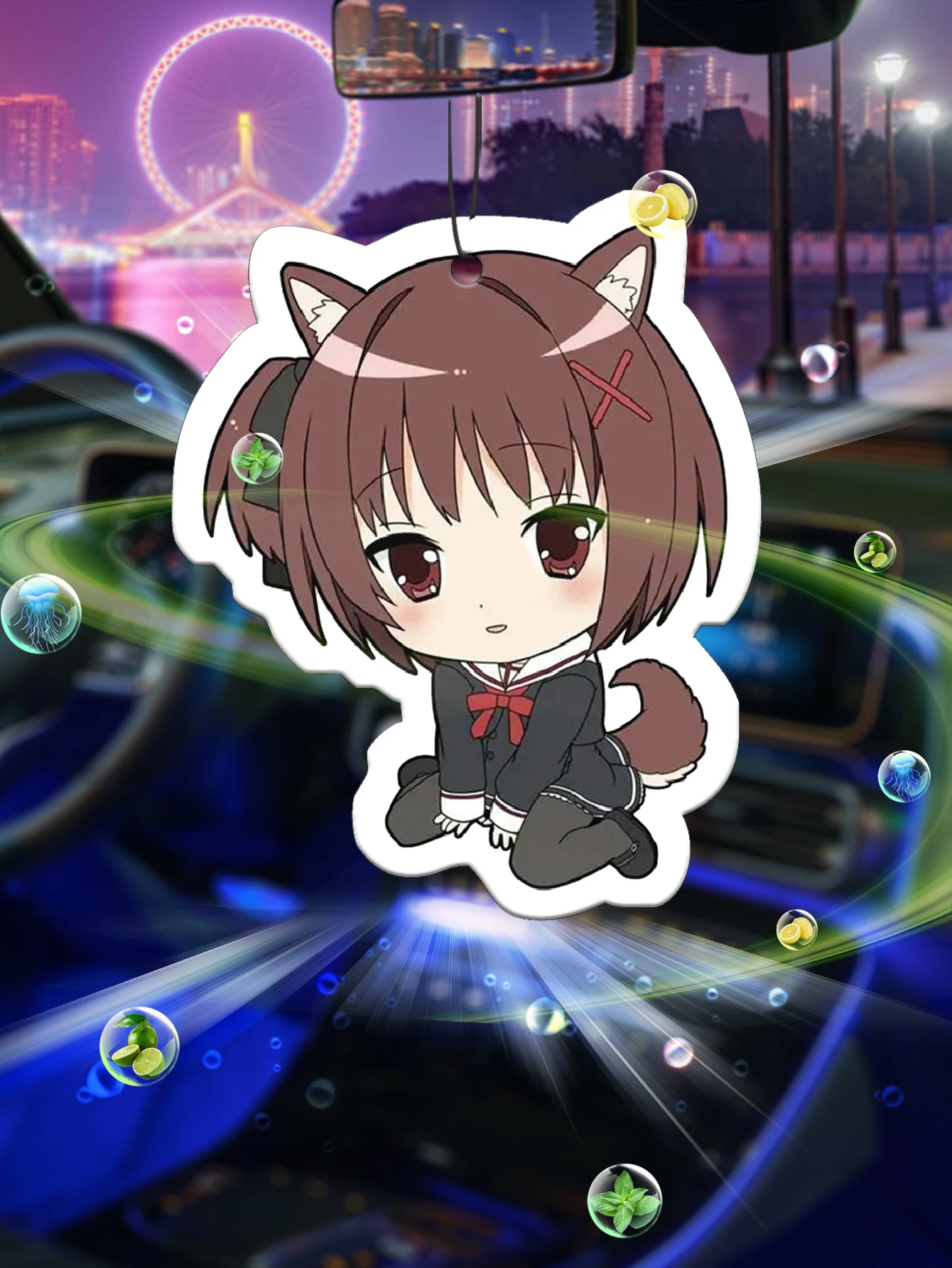 Chibi Neko Cat Girl Anime Hanging Car Air Freshener, Cute Kawaii Manga Character Car Scent Ornament, Natural Plant‑Derived Fragr