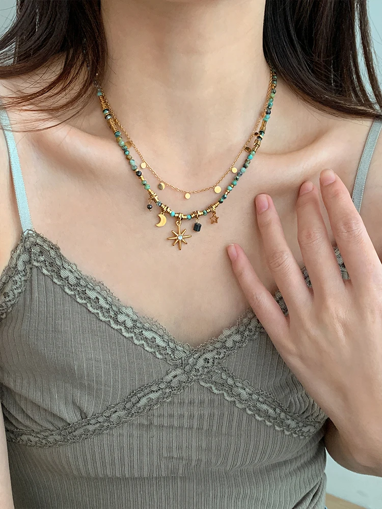 Peri\'sbox New Multi-layer Acrylic Beaded Star Moon Starburst Charm Necklace for Women Bohemian Fashion Girl Summer Jewelry Gifts