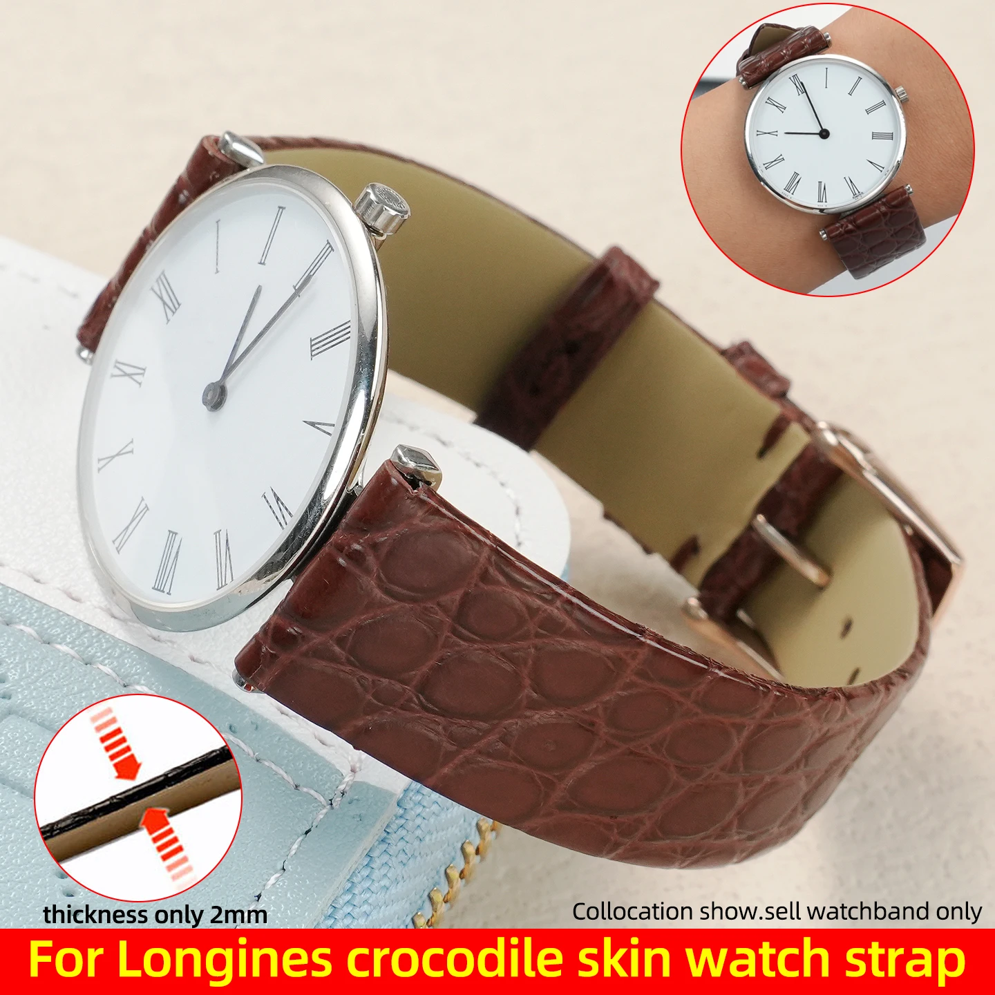 Ultra-thin Crocodile Leather Watch Strap 12 13 16 18 19 20mm For Longines L4 L2 La VC MIDO Cartier Grande Men women Watch band