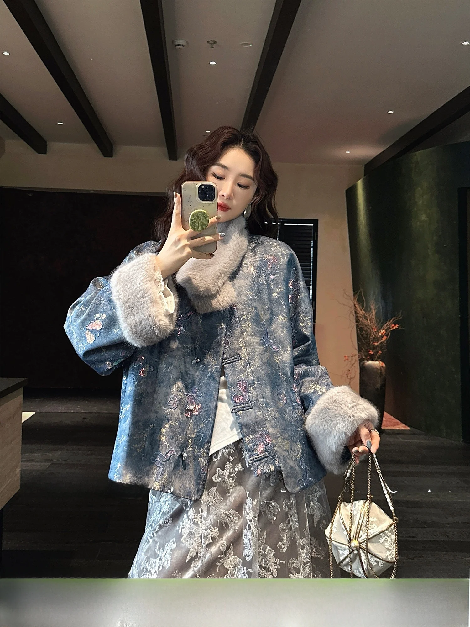 

Sanji Black Flower New Chinese Style Embroidered Cotton Jacket Women's Outerwear New Year Visit Coat National Style Top