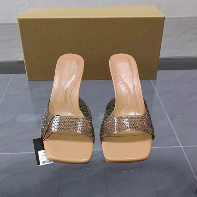 Damskie sandały z wysokimi obcasami luksusowe błyszczące kryształki eleganckie Peep Toe letnie pantofle 2024 plastikowe damskie buty PVC sprzedaż