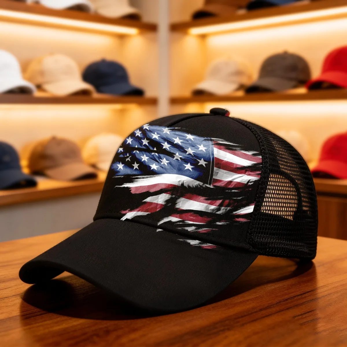 1pc Abstract American Flag All Over Print Duckbill Hat Mesh Cap Unisex Breathable with Durable Design for Outdoor Use