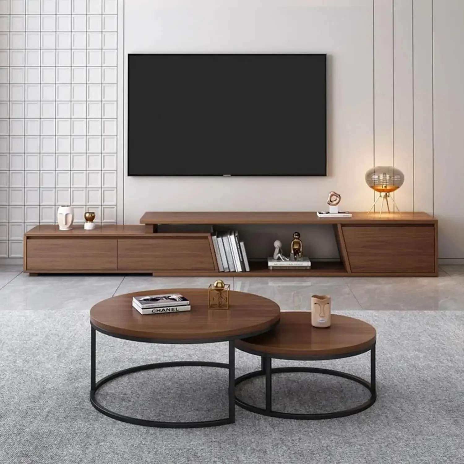 Soporte para TV con 3 cajones Centro de entretenimiento rectangular minimalista Mesa consola para TV de nogal de hasta 110 pulgadas (extensible: 70,9 pulgadas de ancho-110,2 pulgadas de ancho)