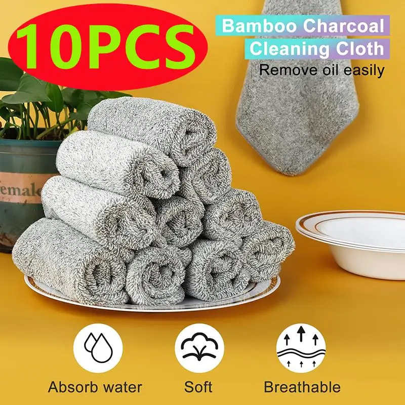 Novo pano de prato de carvão de bambu microfibra toalha de cozinha absorvente antiaderente óleo de limpeza doméstica pano de prato cozinha bens