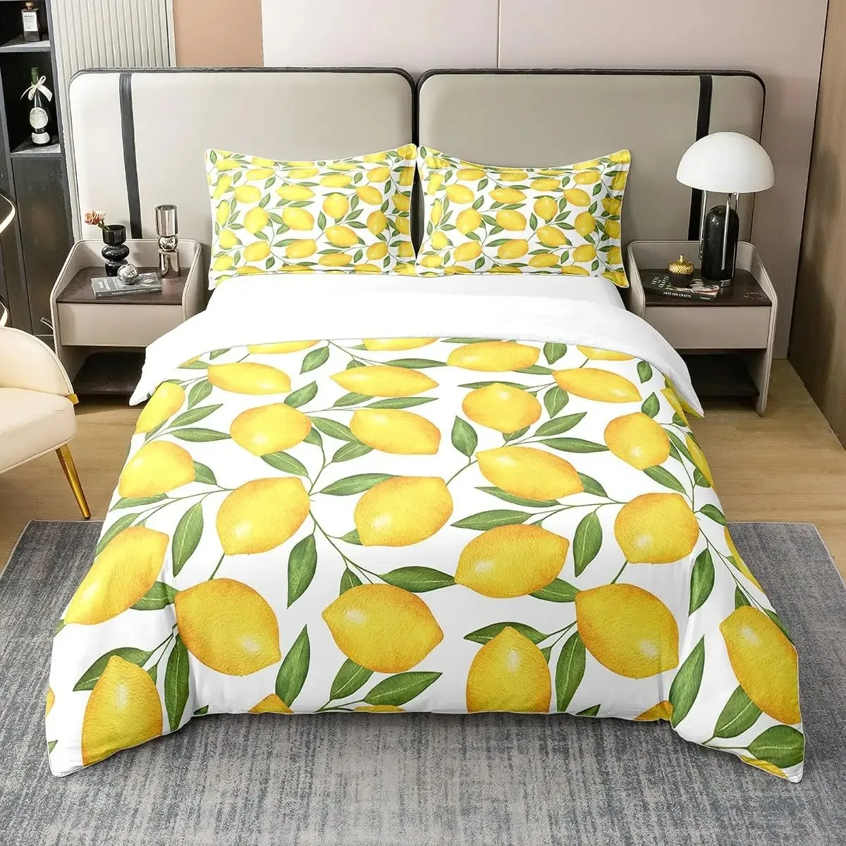 

Nature Bedspread, Lemon Tree Branches Gardening Design, Decorative Quilted 3 Piece Coverlet Set with 2 Pillow Shams, Full Size