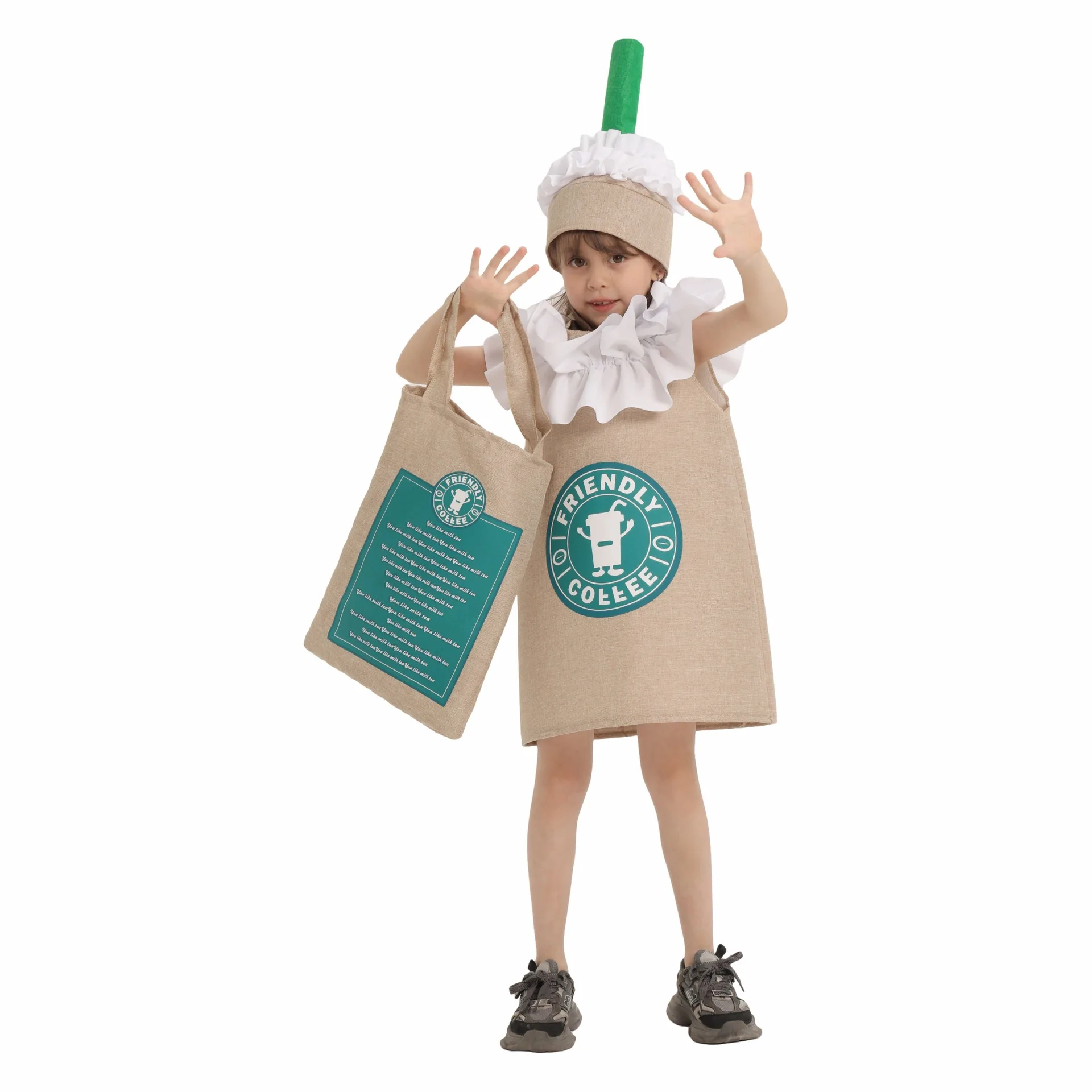 

Halloween Masquerade Children's Food Costumes Green Coco Drinks Milk Tea Stage Role-playing Performance Clothes Child's Outfit