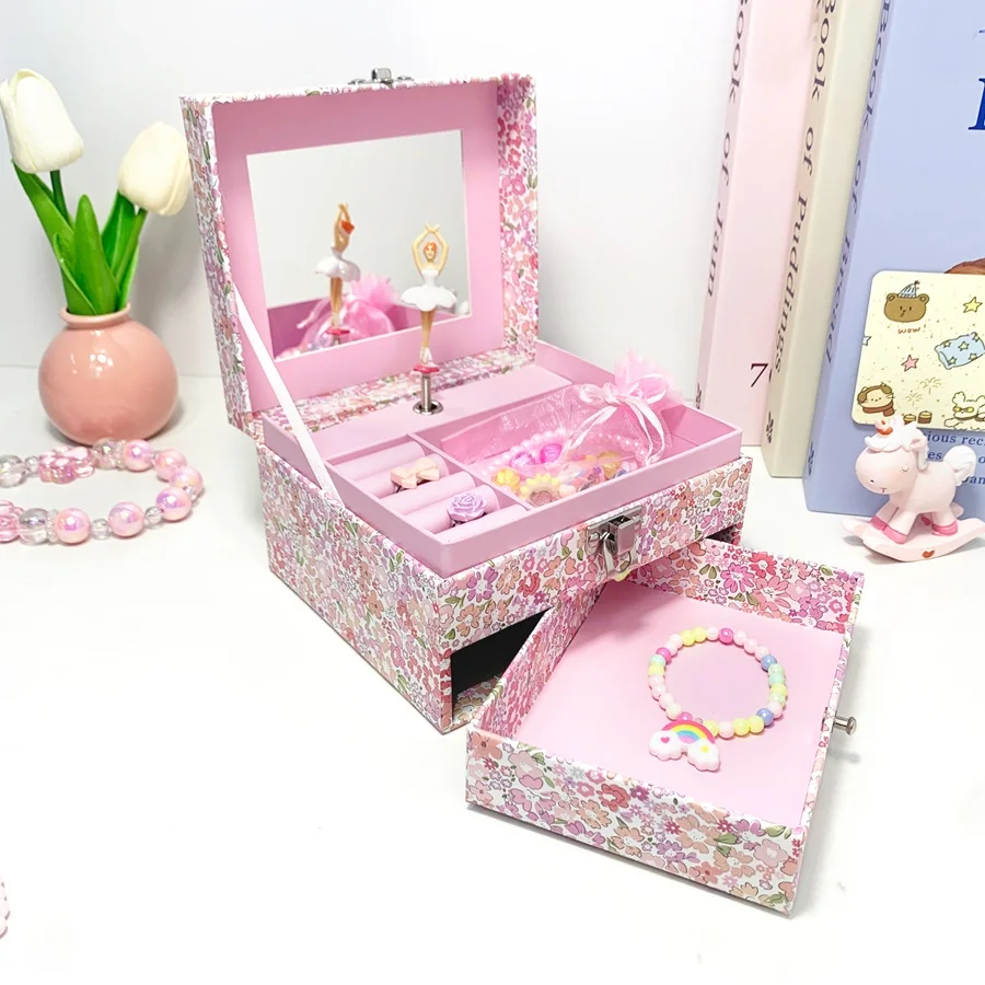 1 قطعة صندوق تشغيل الموسيقى مع درج مرآة الدورية راقصة الباليه وتخزين المجوهرات الوردي المهر لخاتم القلائد والأساور هدية عيد ميلاد