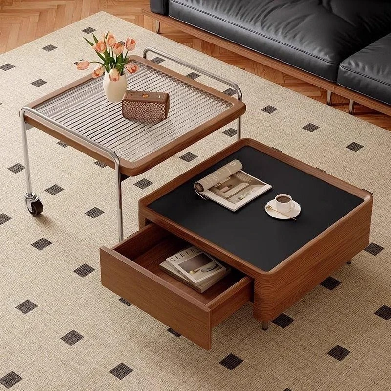 Square simple living room home retro mobile solid wood small apartment tea table cart