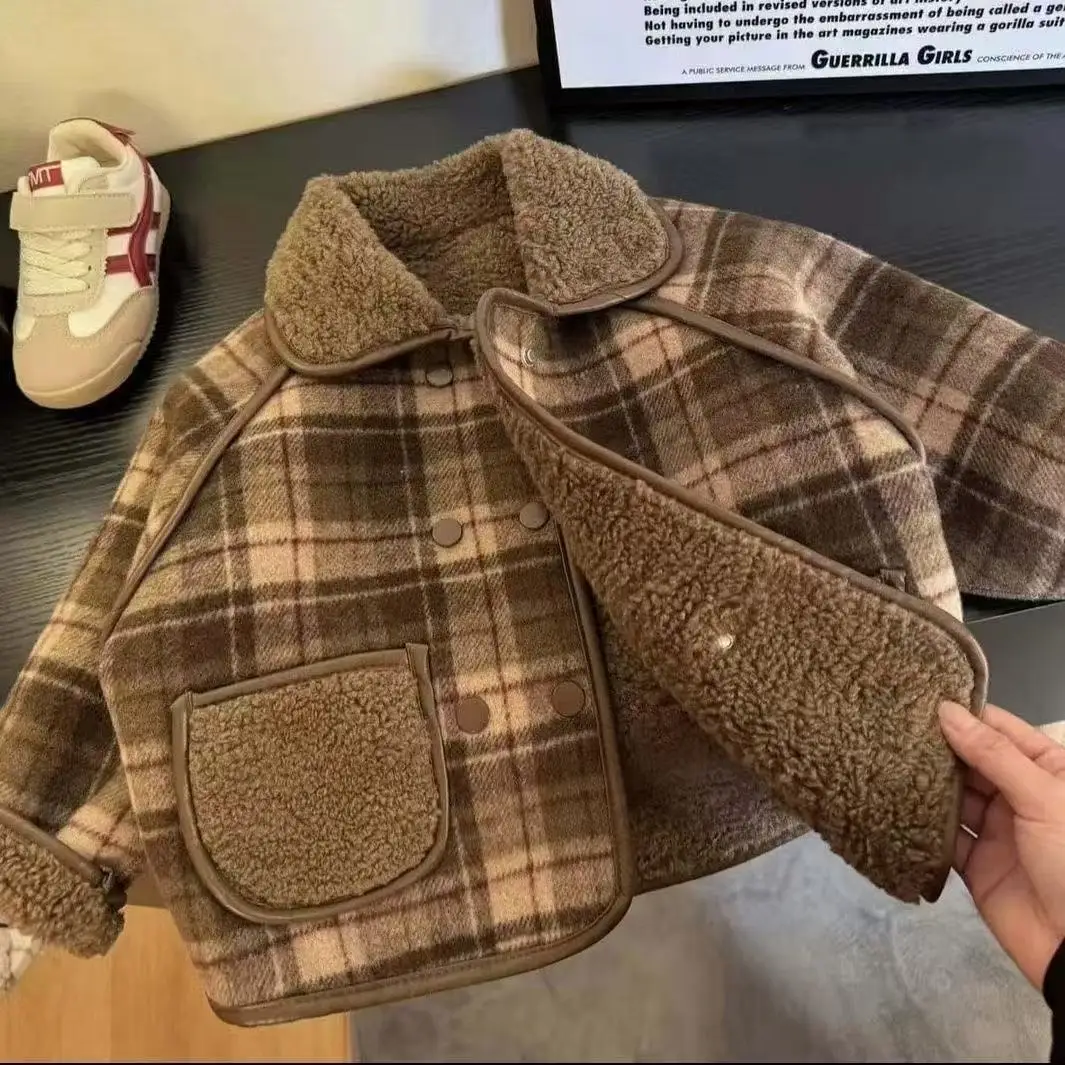 

Kids Boys Coat Autumn and Winter One-piece Fleece 2026 New Children's Baby Warm Plaid Jacket 80-140CM