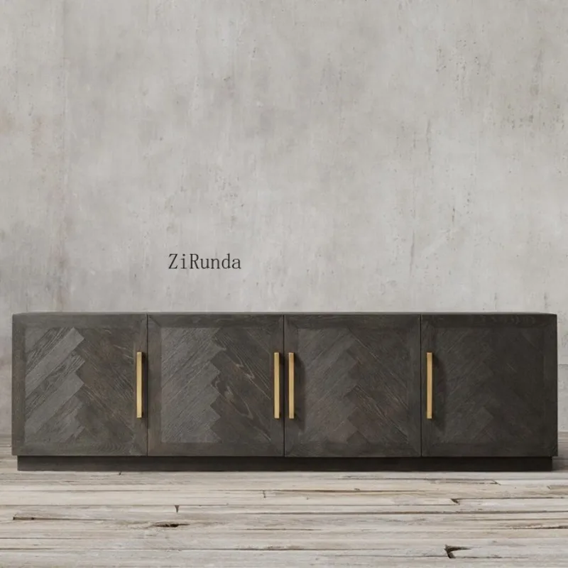 High quality herringbone pattern solid wood oak 3-4 doors media console TV cabinet living room furniture