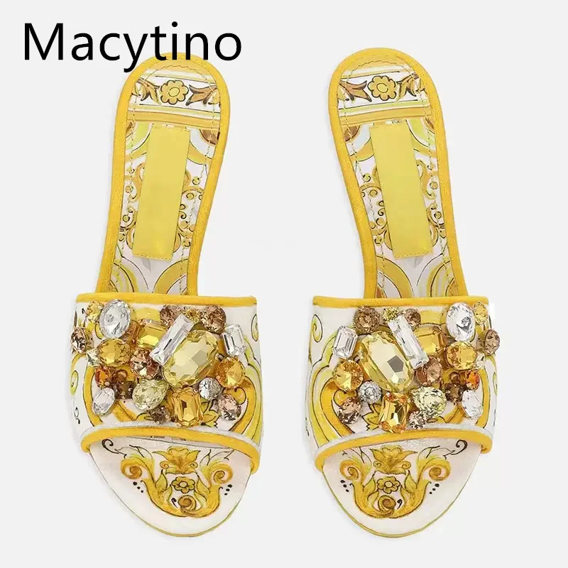 Summer Printed High Heeled Sandals Women's Bohemian Rhinestone Jewel Open-toe Stiletto Slippers  Luxury Party Shoes