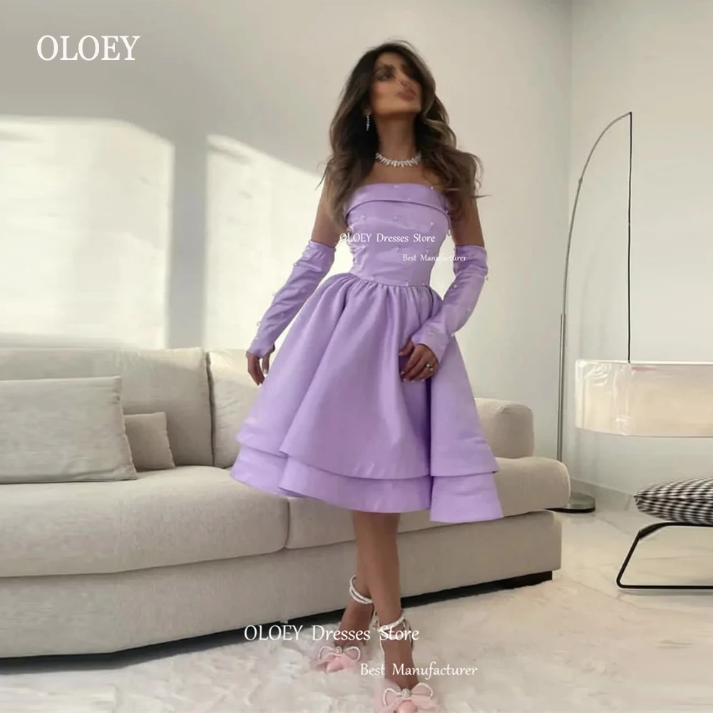 

OLOEY A Line Lavender Short Prom Party Dresses Saudi Arabic Satin Strapless Tiered Knee Length Cocktail Dress Formal Event Gowns