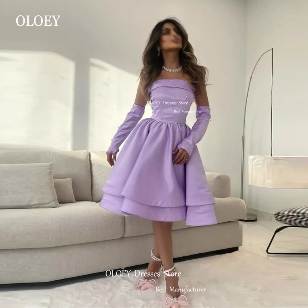 فساتين حفلات قصيرة من OLOEY A Line من الخزامى للحفلات الراقصة السعودية من الساتان العربي بدون حمالات متدرجة طول الركبة فستان كوكتيل رسمي للحفلات