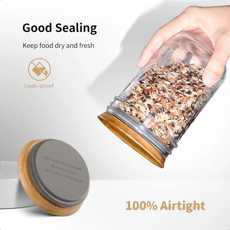 Confezione da 6 coperchi per barattoli di vetro in legno a bocca larga per barattoli di vetro a sfera Coperchi riutilizzabili per barattoli di vetro in legno di acacia con guarnizione in silicone ermetico Perf