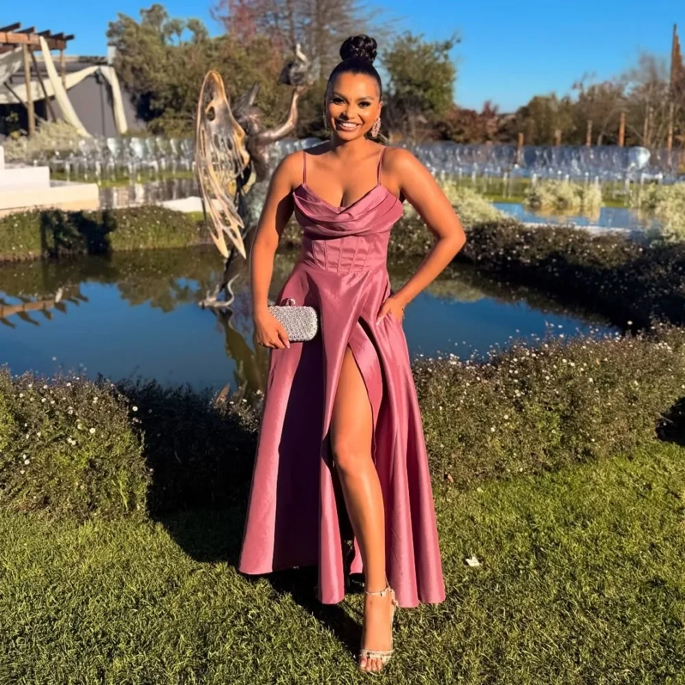 Sexy A-Line Bridesmaid Dress with Spaghetti Straps Exposed Boning And High Slit for Wedding Guest Maod of the Honor Gowns