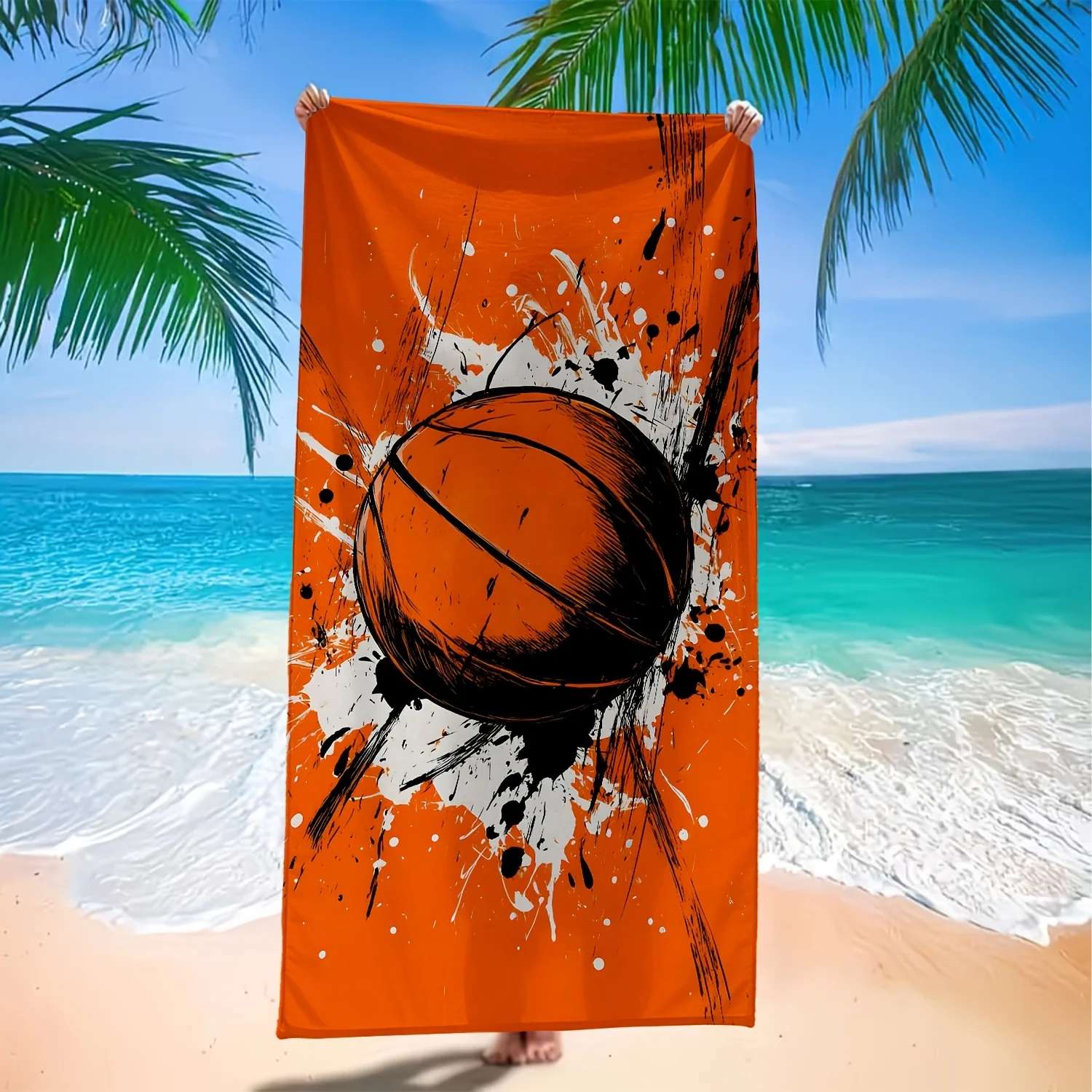 1pc Basketball Splash Orange Storm Soft Towel, Bath Towel, Beach Towel - Lightweight, Vacation Beach Accessory Suitable for Trav