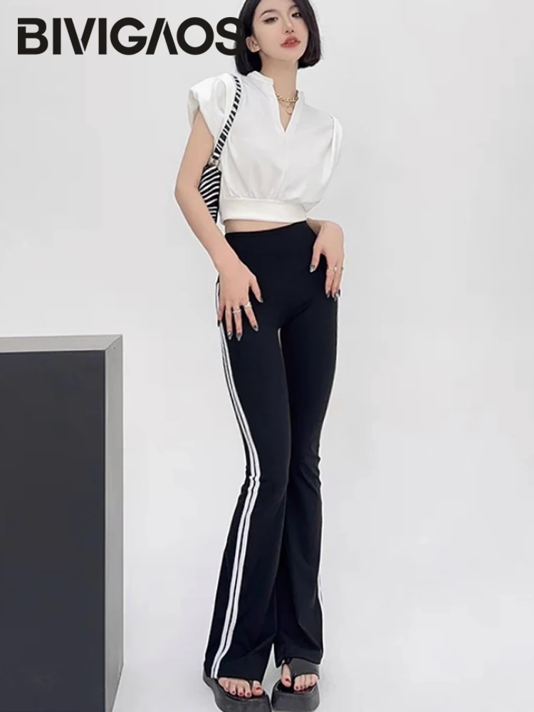 BIVIGAOS Spring New Double Striped Flared Leggings Women High Waist Slim Sexy Flared Pants Elastic Tight Sport Horseshoe Pants