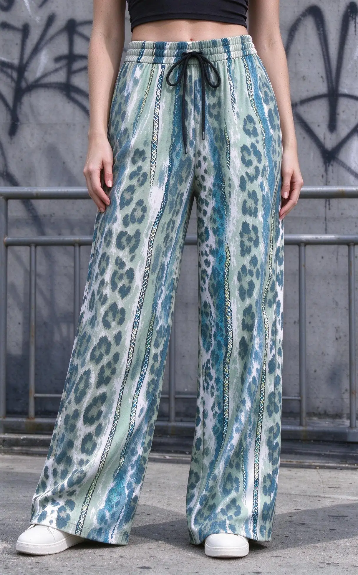 Women Mid Waist Wide Leg Pants Green Blue Leopard Tie Dye Print Drawstring Casual Trousers with Pockets