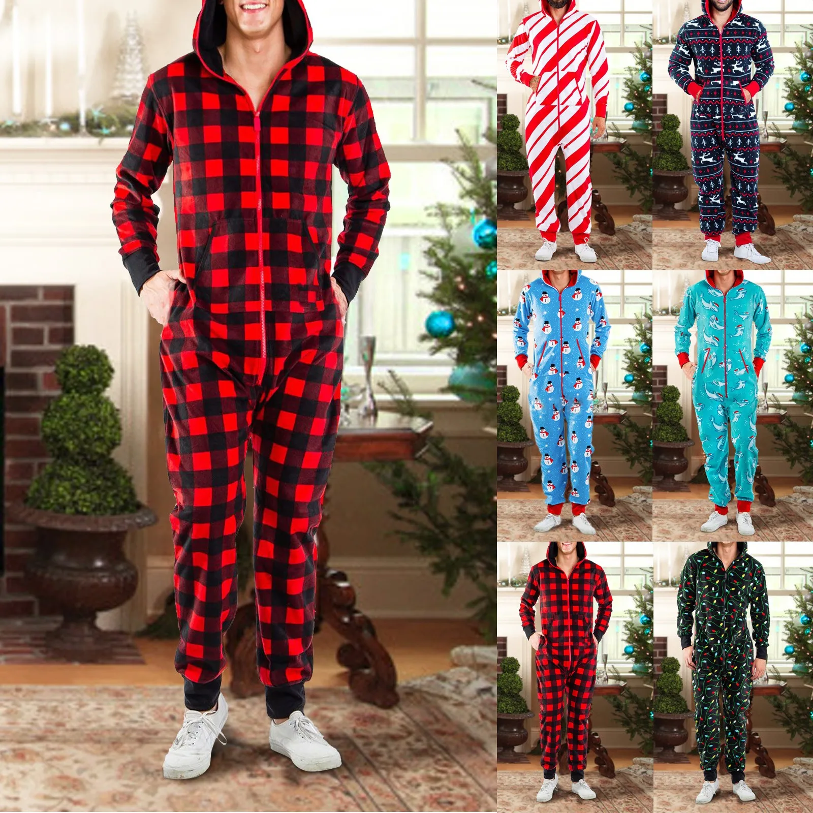 

Men's Pajamas Christmas Plaid Printed Onesies Bodysuit Homewear Suit Sleepwear For Men Autumn Winter Warm Nightwear