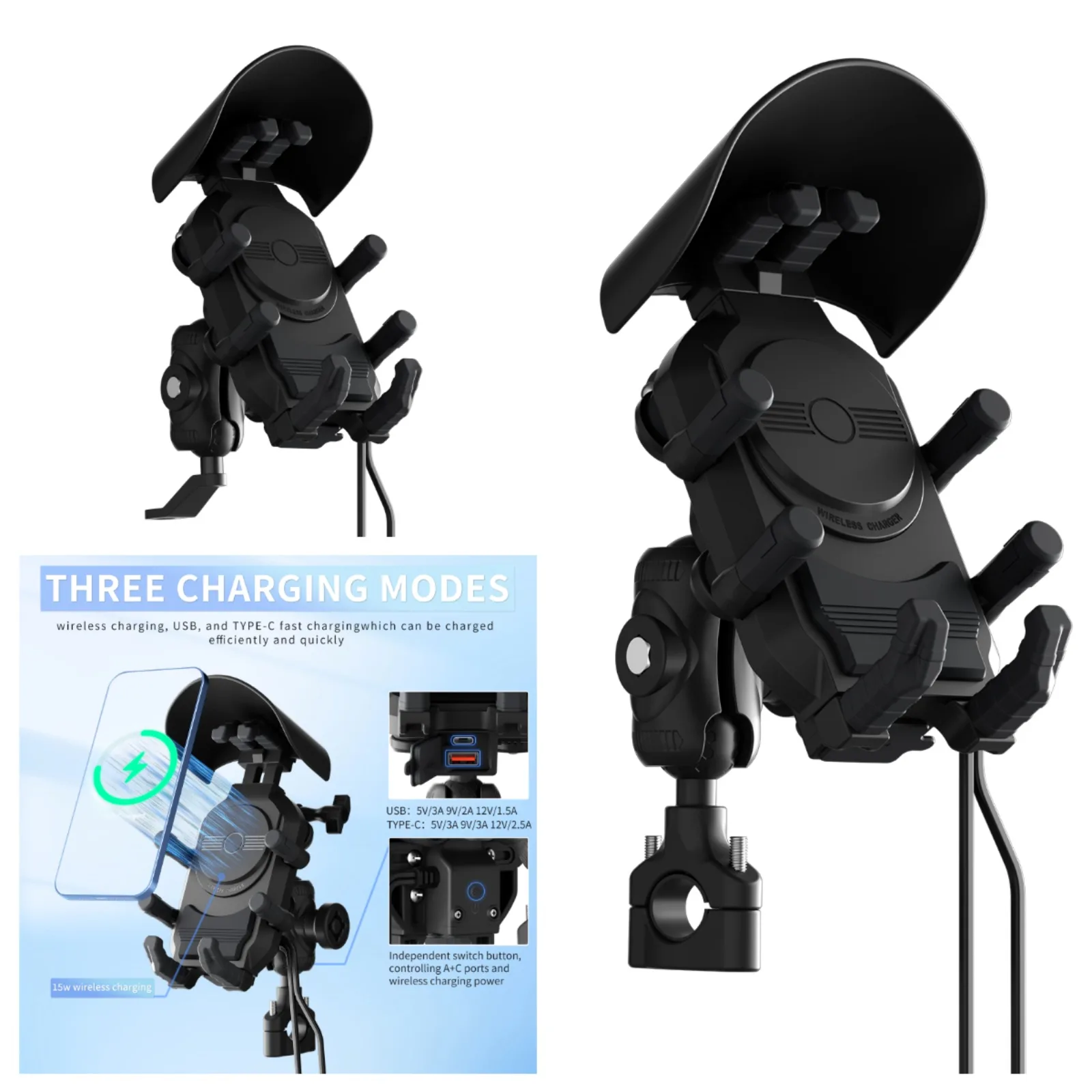 

15W Motorcycle Phone Holder Wireless Charger Phone Cradle Charger GPS Moto Support Cellphone Handlebar Mount for 4-7 inch Phone