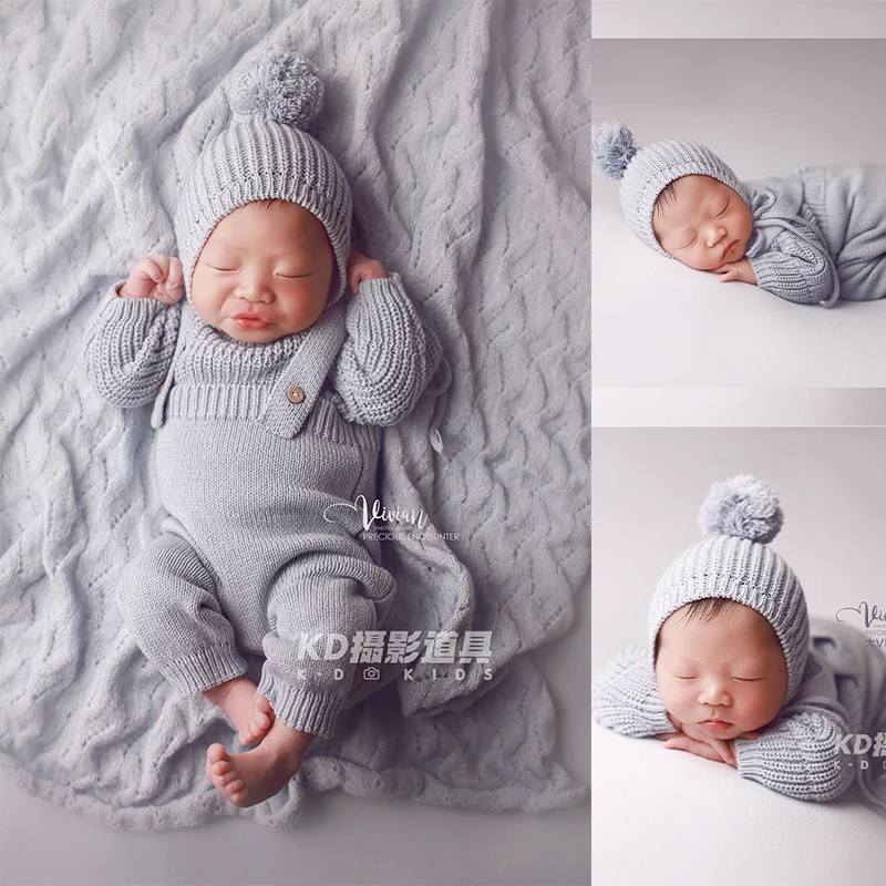 INS Style Baby Knit Costume 2pcs/Set + Pom-Pom Hat Newborn Photography Outfit Baby Blue Soft Blanket Winter Warm Infant Homewear
