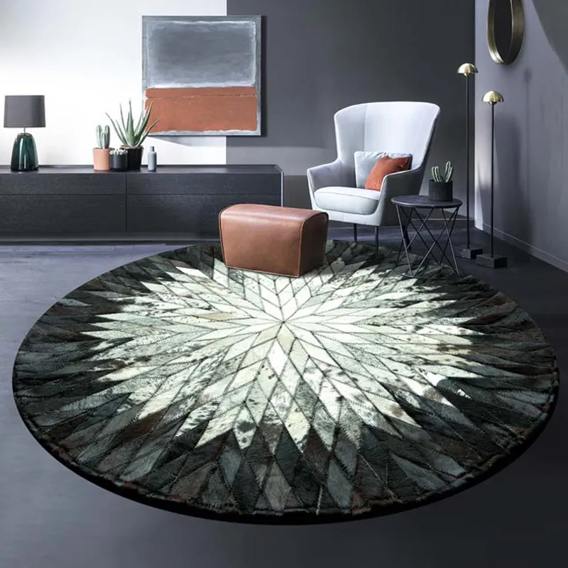 Round carpet splicing cowhide living room modern light luxury bedside swivel chair floor mat
