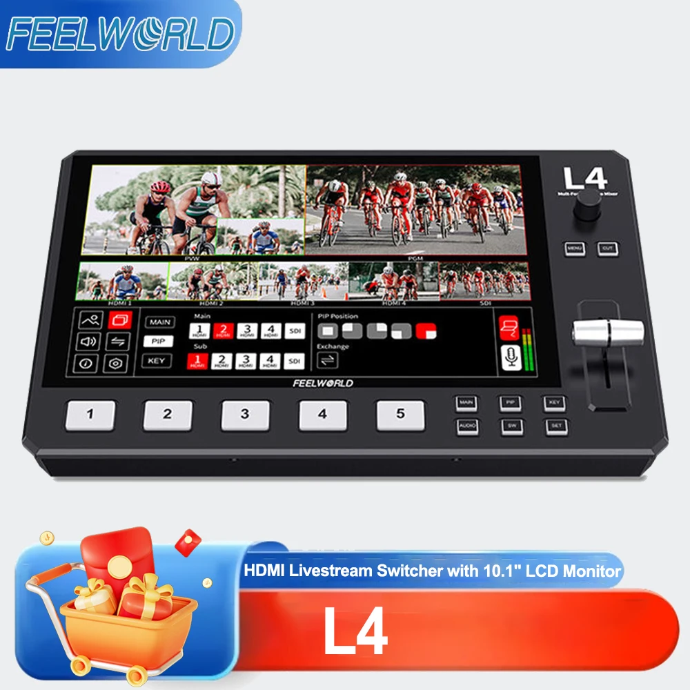 

Видеомикшер FEELWORLD L4 для нескольких камер с сенсорным экраном 10.1 дюйма, USB 3.0, выходами HDMI и SDI, быстрая потоковая передача данных (PUT)