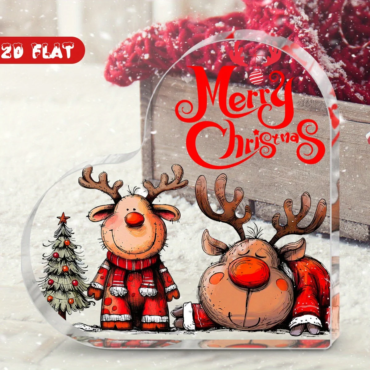 Cartoon Reindeer Winter Heart Acrylic Sign, Snowy Xmas Desktop Ornament