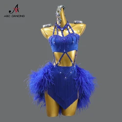 Blue Dance Costume For Girl Latin Clothes Competition Outfit Women Feather Skirt Stage Sport Dancewear Sexy Party Suit Customize