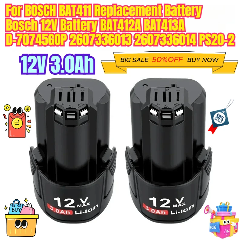 

12V 3.0Ah for BOSCH BAT411 Replacement Battery Bosch 12V Battery BAT412A BAT413A D-70745GOP 2607336013 2607336014 PS20-2