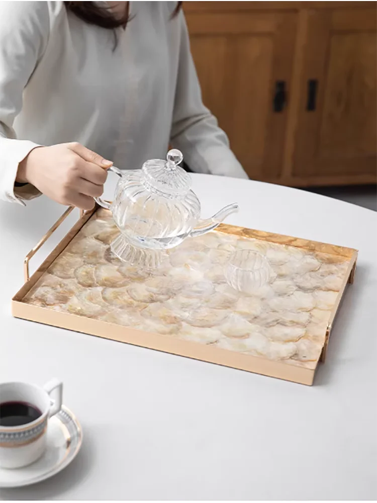 French-style Shell Decorative Fruit Plate Vintage Metal Storage Tray Home Tea Cup Food Cosmetics Organizer Tray Rectangular Gift