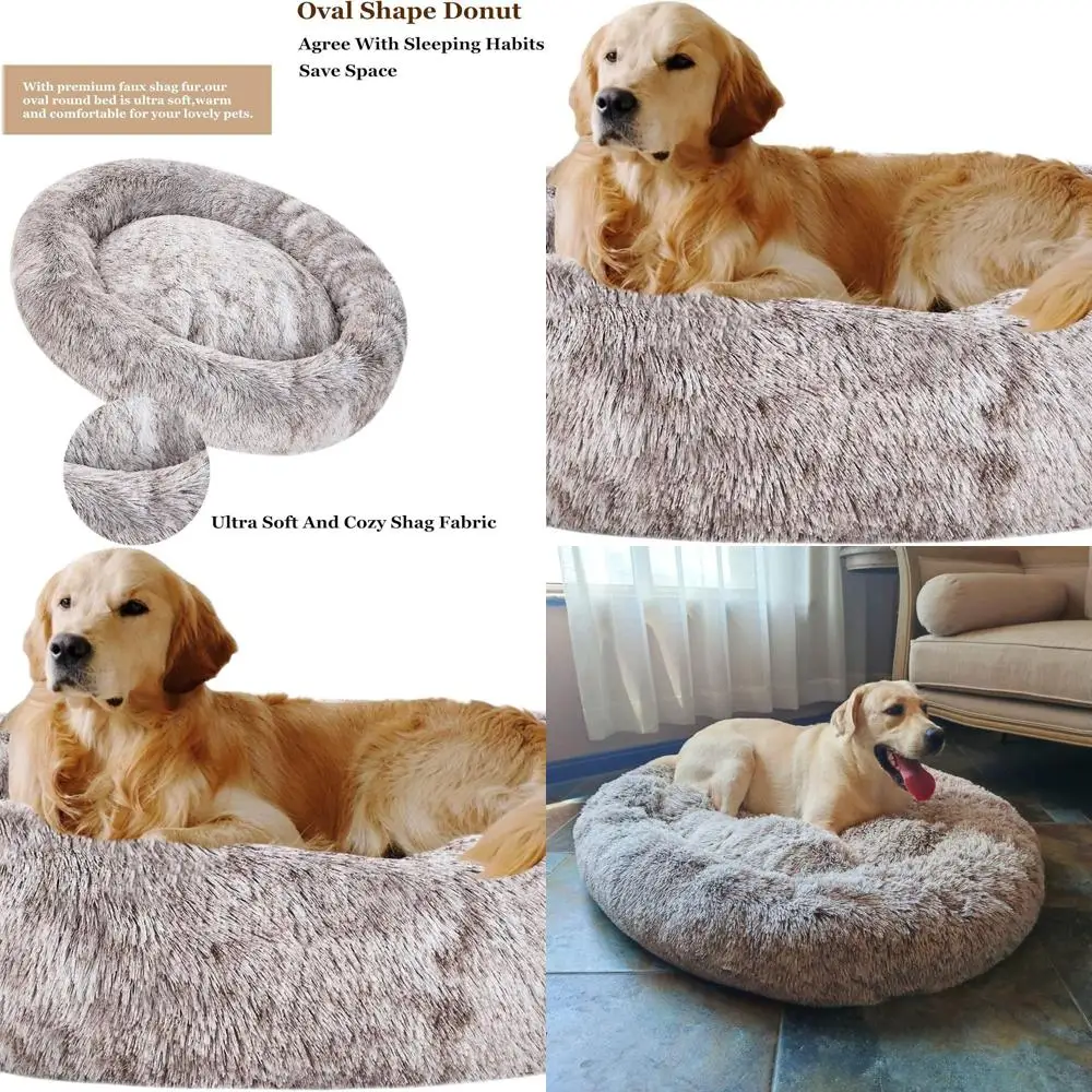 

Luxury Plush Donut Dog Bed, Washable Round Faux Fur Cat Nest, XL-XXL Sizes for Medium to Large Dogs, Light Brown (43x34x8)