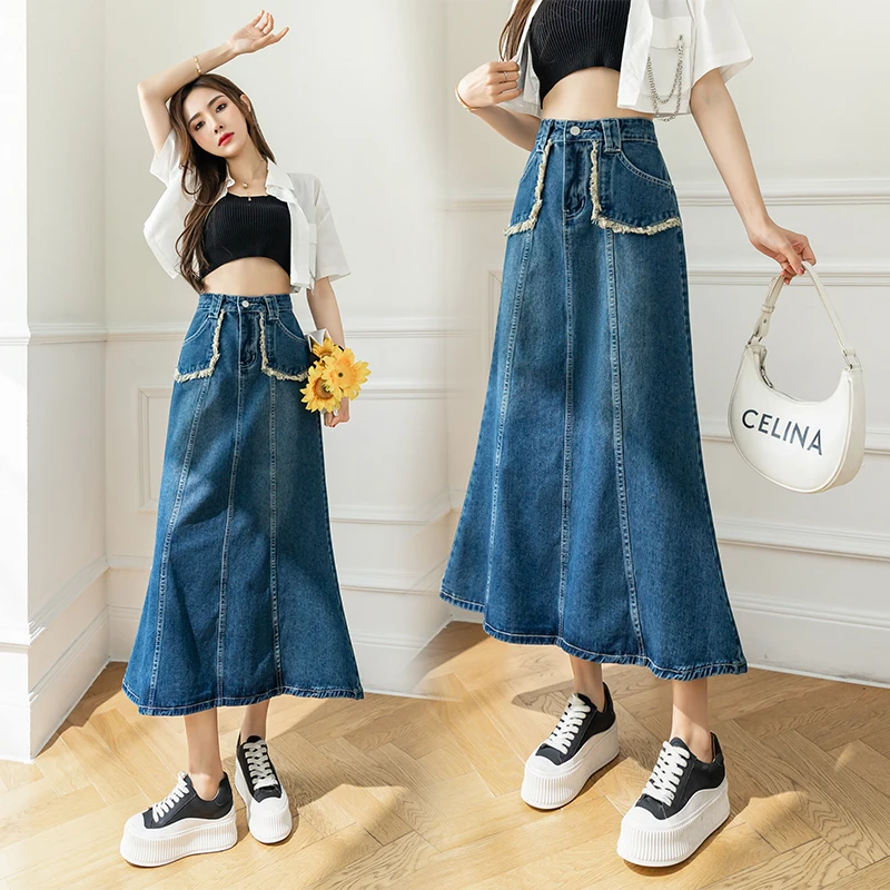 

TIYIHAILEY Free Shipping Fashion Long Casual Denim Spring A-line Plus Size S-5XL Long Mid-Calf Skirts Women Jeans Skirts Pockets