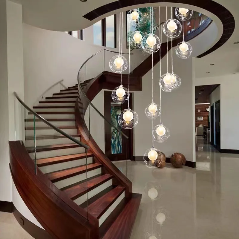 Modern staircase ceiling chandelier living room dining room light luxury Nordic lamps villa loft glass spherical long chandelier