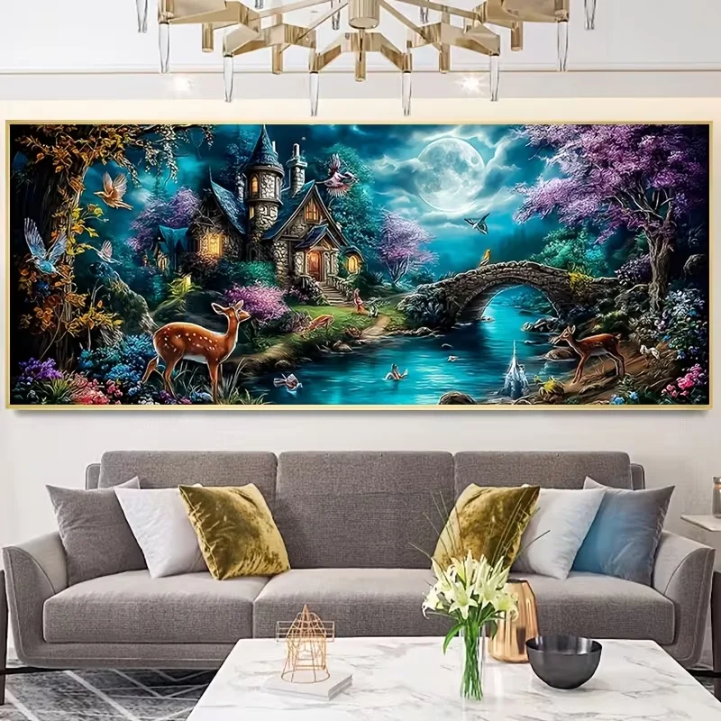 Moonlight Forest Castle Deer Stream Landscape Full Round Square Diamond Painting Set,DIY Diamond Art Mosaic Craft Handmade Decor
