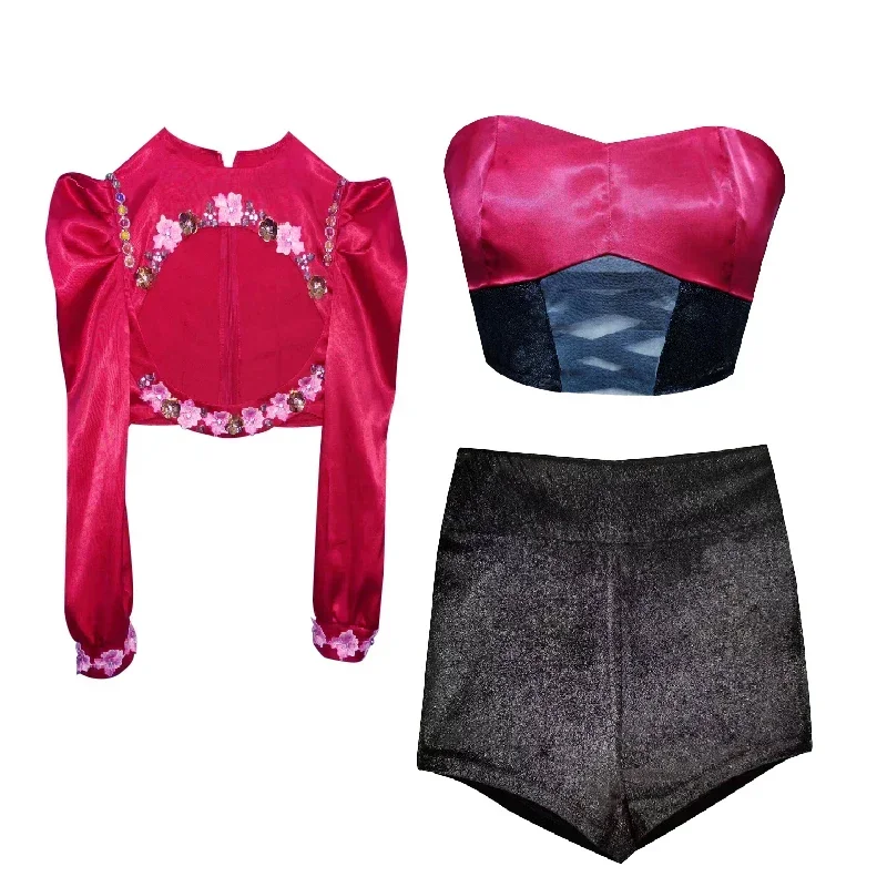 Kpop Girl Group LISA Women Jazz Dance Costume Flower Embroidery Crop Tops Slim Shorts Nightclub Singer Stage Performance Out#1#W