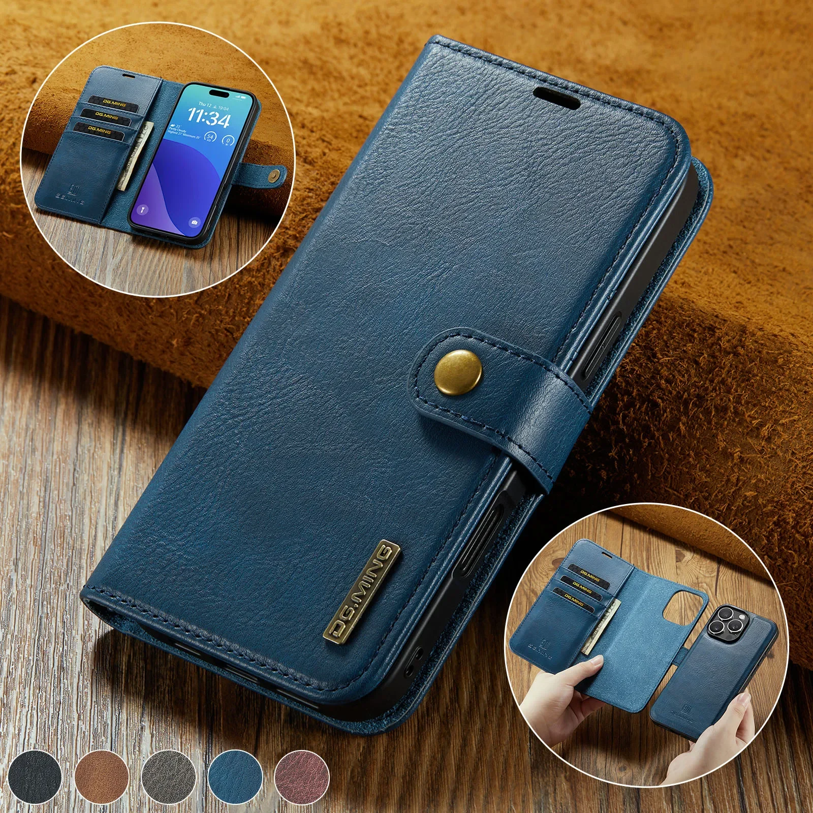 

2 в 1, кожаный чехол-книжка со съемными картами Solt Wallet для iPhone 16 Pro Max 15 Plus 13 12 11 Book Flip Bag, карманный магнитный чехол
