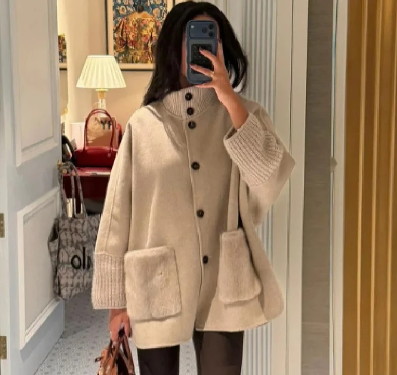 

Новое поступление, модный вязаный шерстяной лоскутный кардиган из полиэфирного волокна, пальто с воротником-стойкой для женщин, осень-зима